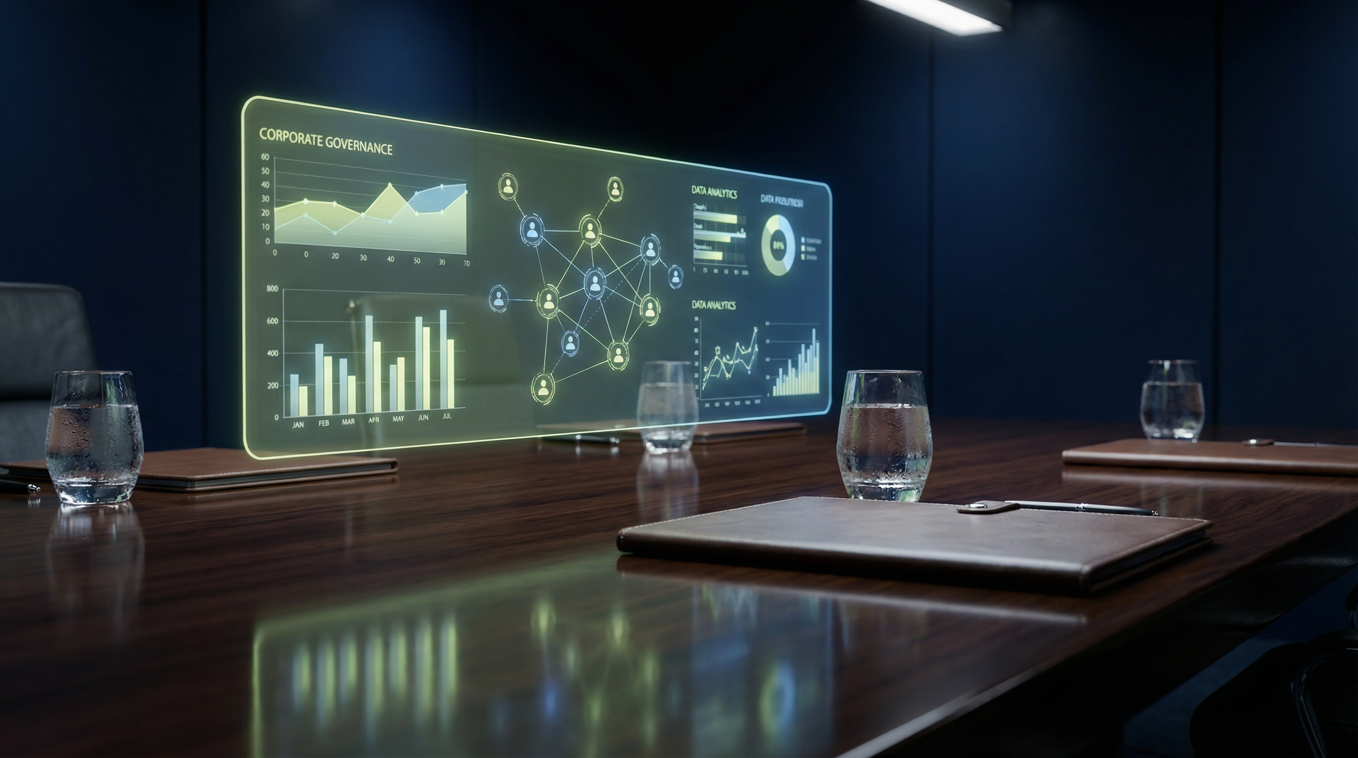 Luxury boardroom with holographic corporate governance data display