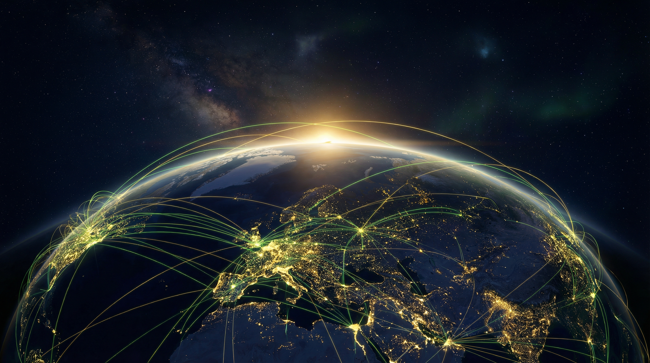 Earth from space at night with glowing global network connections