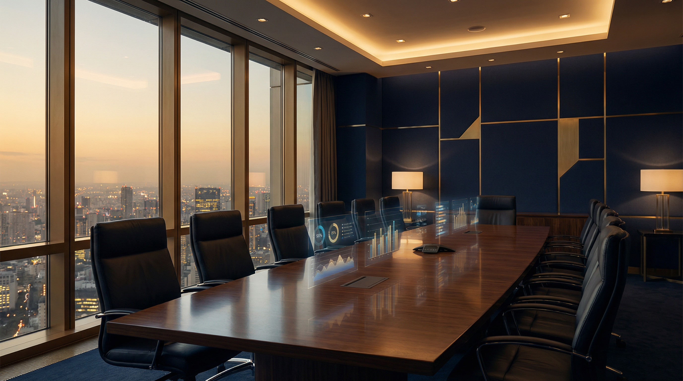 GBAC premium executive boardroom overlooking city skyline at dusk